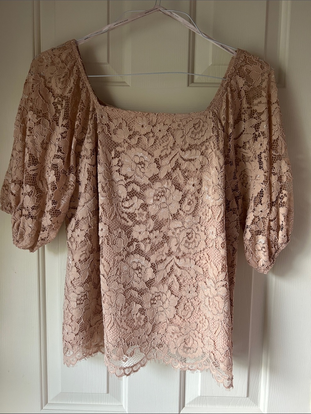 Nannette Blush Lace Puff-Sleeve Square Neck Blouse